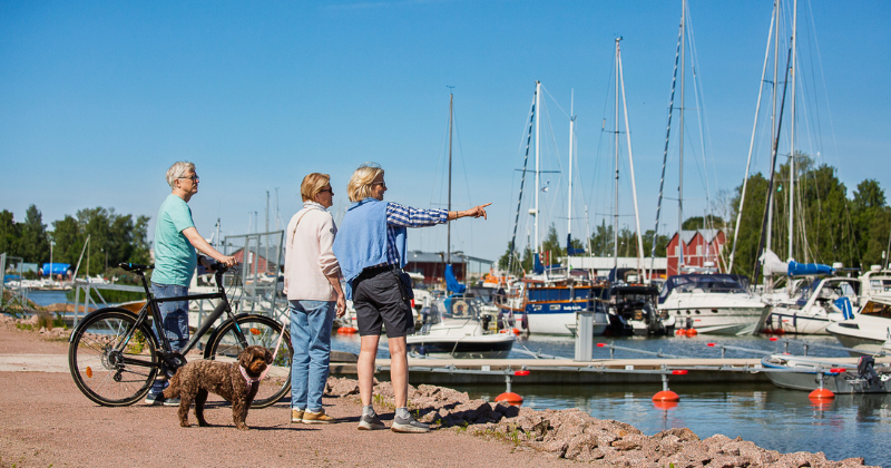 Ikääntyviä ihmisiä Kaupunginlahden rannalla kesäpäivänä.